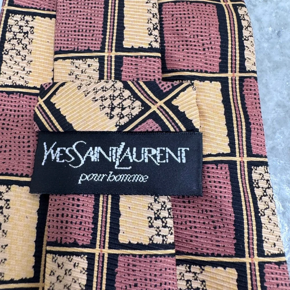 Yves Saint Laurent Pour Homme Silk Tie Burgundy Tan Geometric Grid Vintage 4